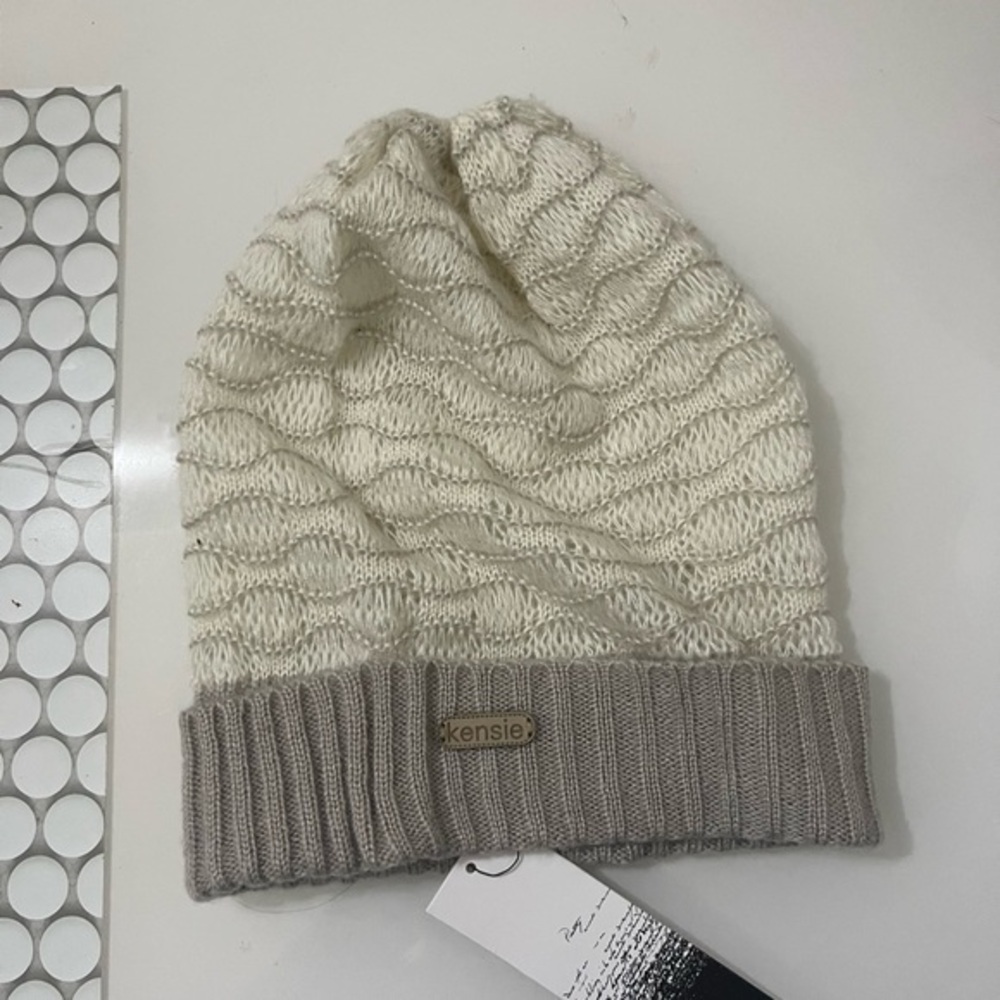 Kensie Ivory and Taupe Knit Beanie